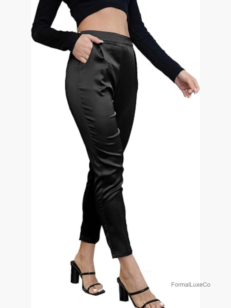 Silky Satin Elastic Waist Dressy Pants Trousers Stretchy Cropped Pockets
